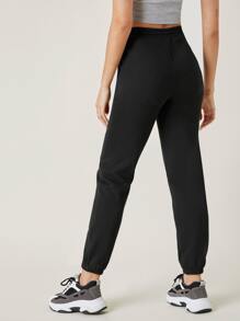 SHEIN BASICS Cozy Fleece Cotton Drawstring Waist Slant Pocket Solid Fleece Joggers - Black - View 2