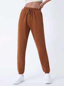 SHEIN BASICS Drawstring Waist Slant Pocket Solid Fleece Joggers - Brown - View 1
