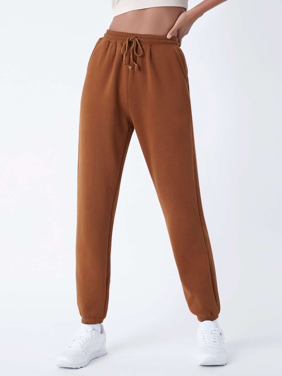 SHEIN BASICS Drawstring Waist Slant Pocket Solid Fleece Joggers - Brown - View 1
