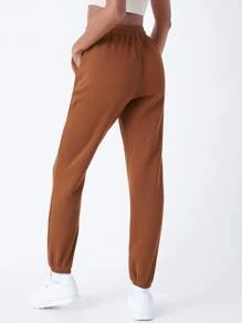 SHEIN BASICS Drawstring Waist Slant Pocket Solid Fleece Joggers - Brown - View 2