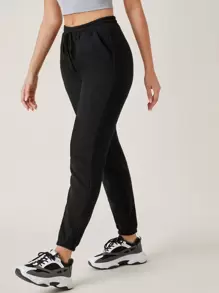 SHEIN BASICS Cozy Fleece Cotton Drawstring Waist Slant Pocket Solid Fleece Joggers - Black - View 5