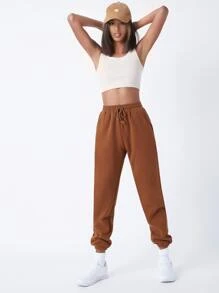 SHEIN BASICS Drawstring Waist Slant Pocket Solid Fleece Joggers - Brown - View 3