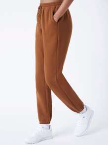 SHEIN BASICS Drawstring Waist Slant Pocket Solid Fleece Joggers - Brown - View 4