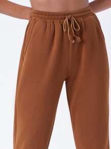 SHEIN BASICS Drawstring Waist Slant Pocket Solid Fleece Joggers - Brown - View 5