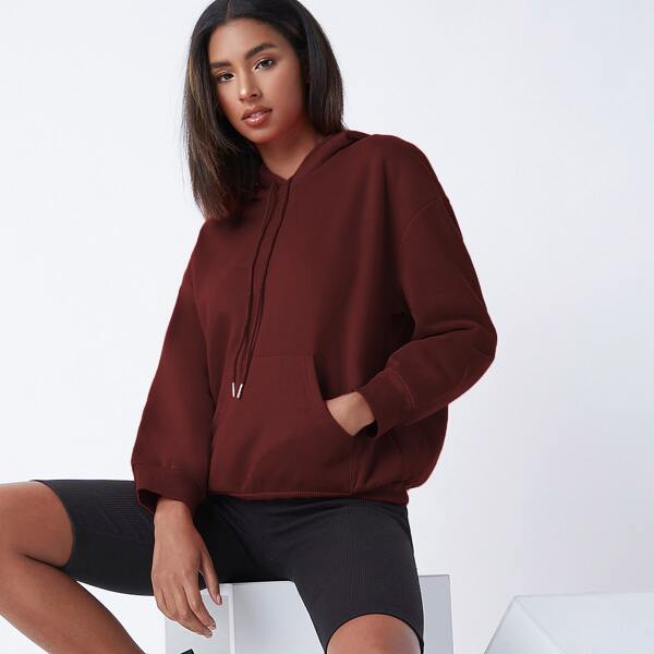 

Drop Shoulder Kangaroo Pocket Drawstring Thermal Hoodie, Maroon
