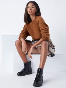 SHEIN BASICS Pullover de hombros caídos forro polar - Marrón - Ver 3