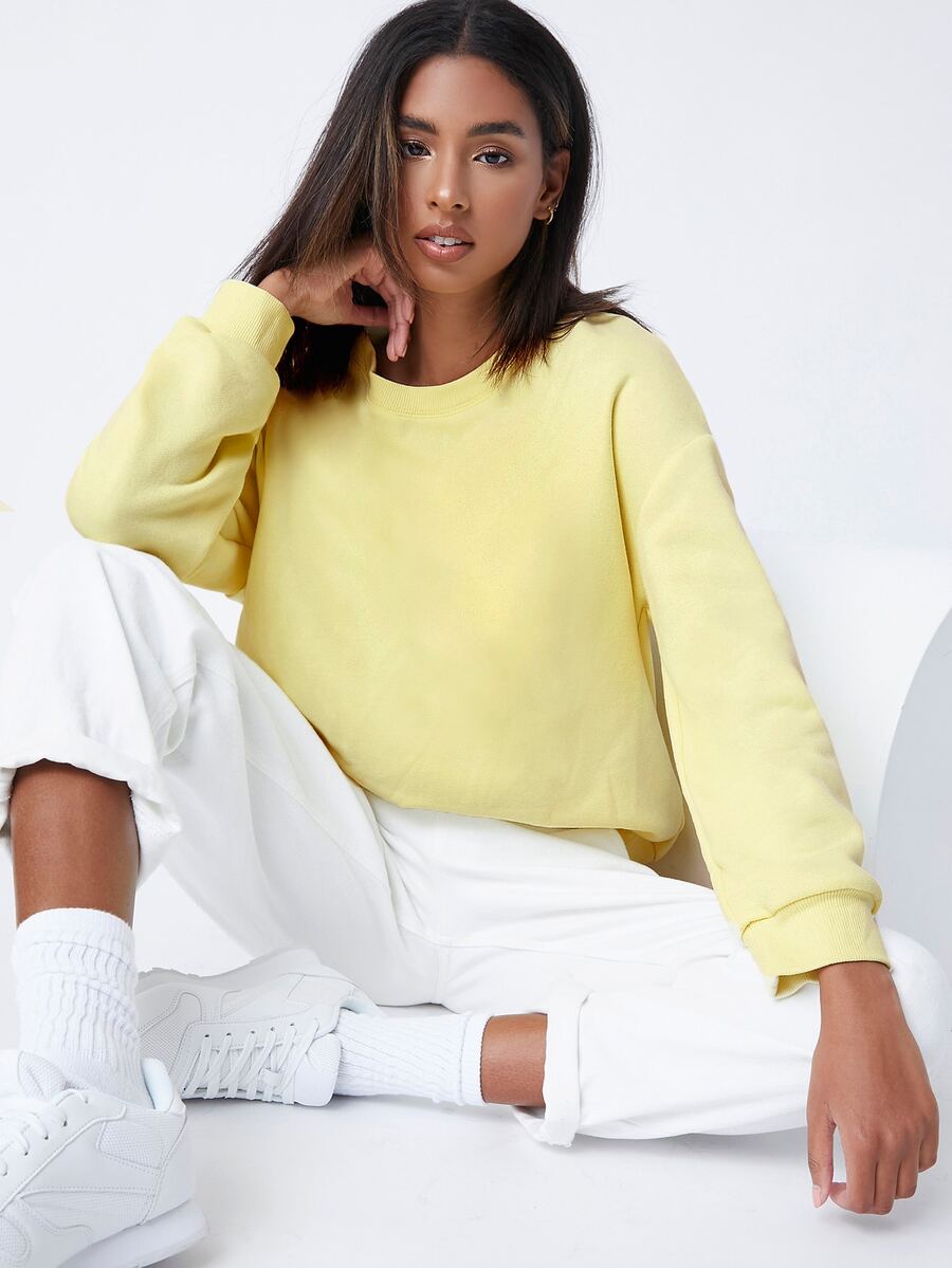 SHEIN BASICS Pullover de hombros caídos forro polar - Amarillo - Ver 1
