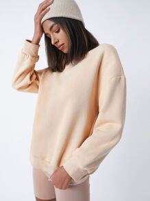 SHEIN BASICS 落肩袖搖粒絨套頭衫 - 杏色 - 查看 3