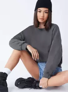 SHEIN BASICS Pullover de hombros caídos forro polar - Gris Oscuro - Ver 1