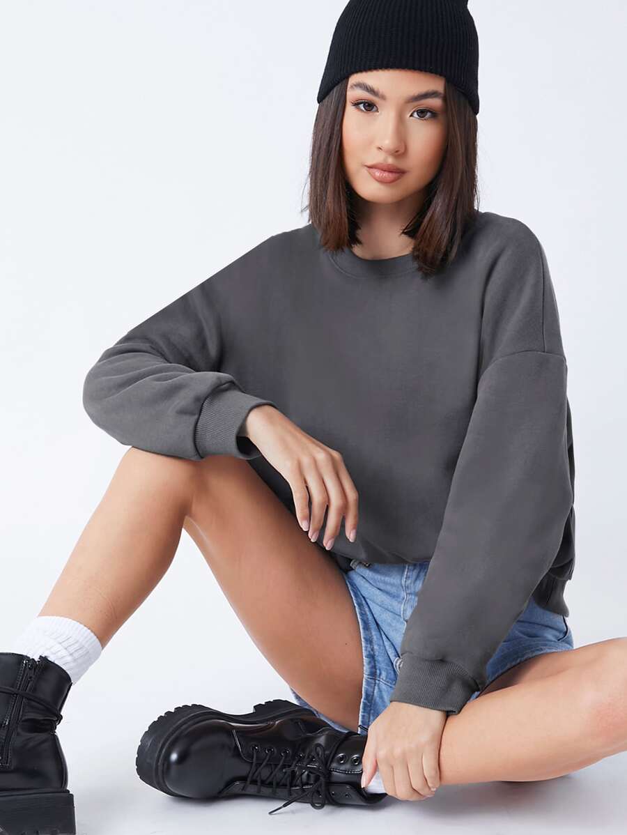 SHEIN BASICS Pullover de hombros caídos forro polar - Gris Oscuro - Ver 1