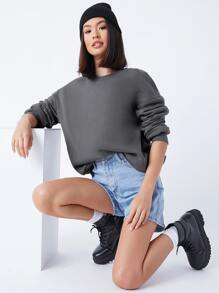SHEIN BASICS Pullover de hombros caídos forro polar - Gris Oscuro - Ver 3