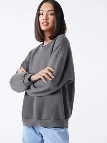 SHEIN BASICS Pullover de hombros caídos forro polar - Gris Oscuro - Ver 4