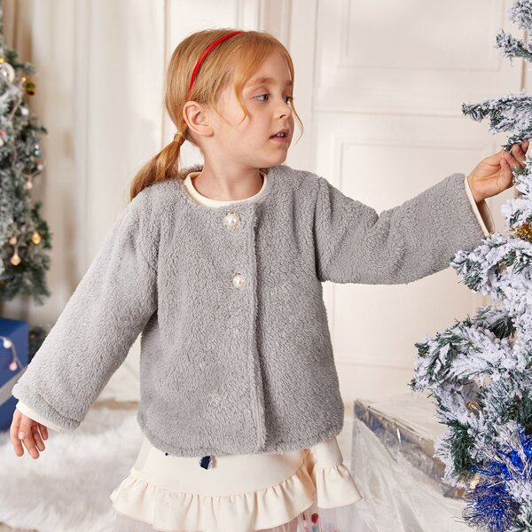 

Toddler Girls Pearls Button Teddy Jacket, Grey