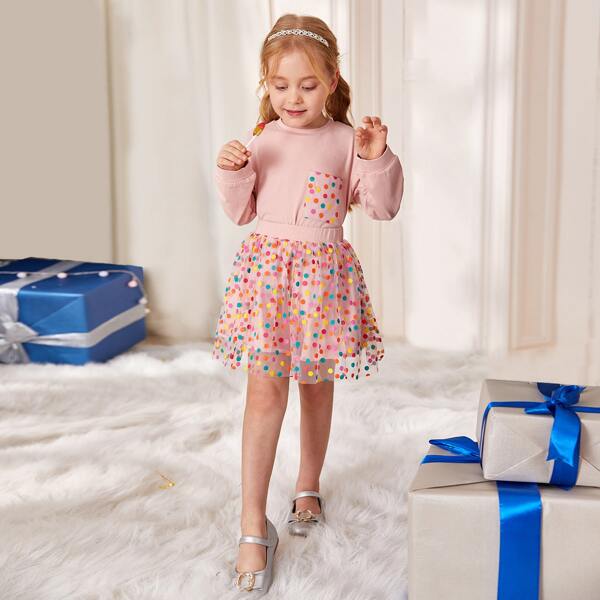 

Toddler Girls Pocket Front Tee & Dot Mesh Overlay Skirt Set, Baby pink