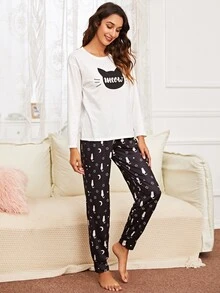 Ensemble De Pyjama Avec Motif Chat Cartoon Mode En Ligne Shein France