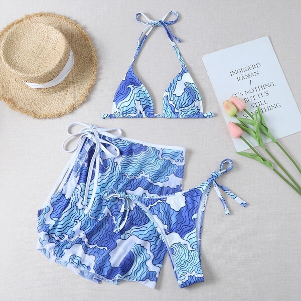

3pack Wave Print Triangle Thong Bikini Swimsuit, Multicolor