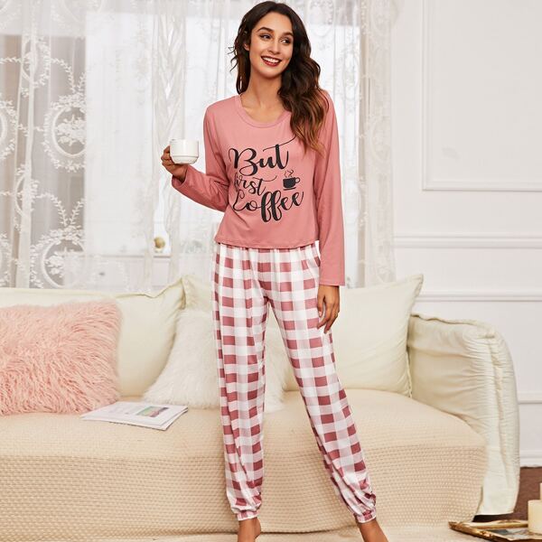 

Letter & Gingham Print PJ Set, Multicolor