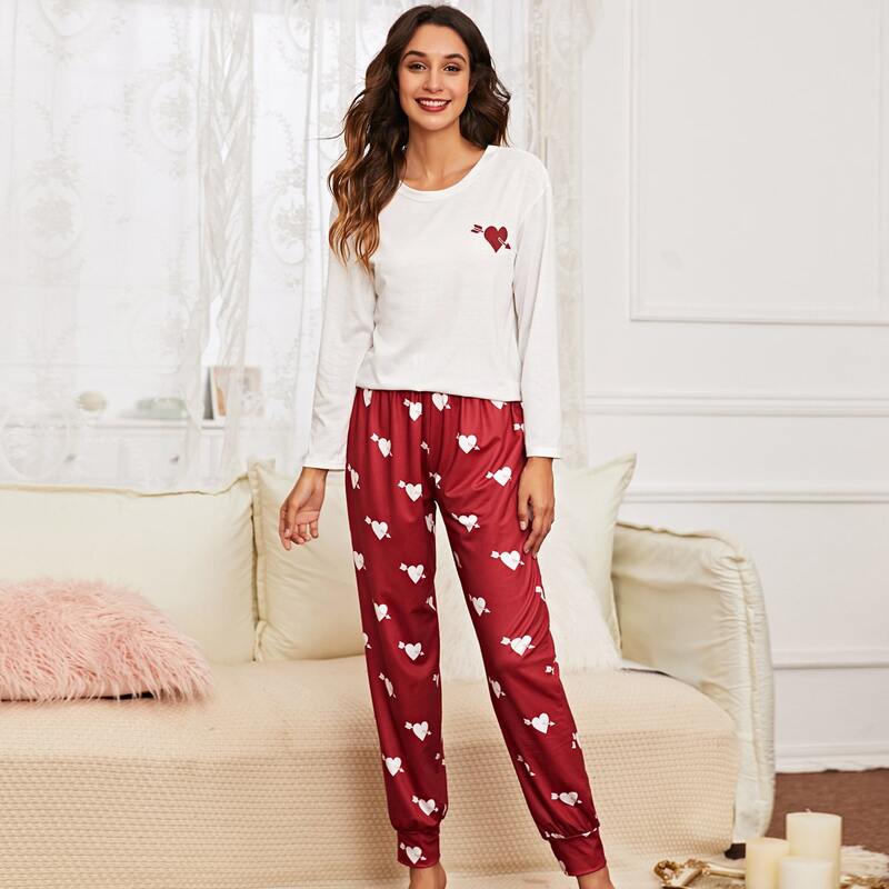 

Heart Print Tee With Pants PJ Set, Red and white