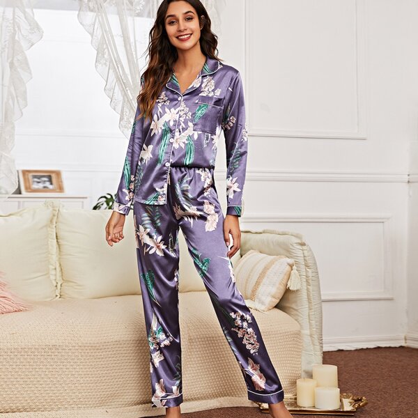 

Floral Print Lapel Collar Button Front Satin Night Set, Violet purple