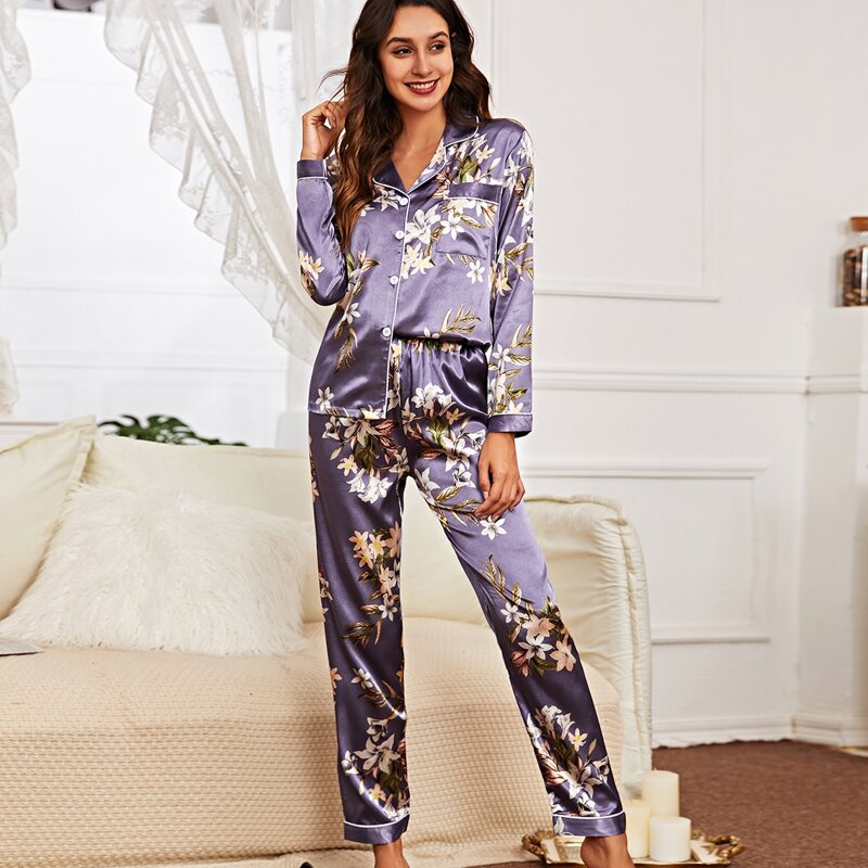

Floral Print Button-up Satin PJ Set, Violet purple