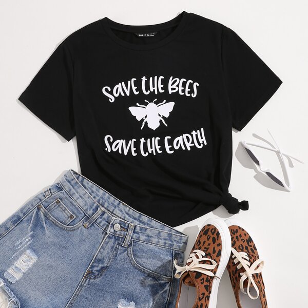 

Slogan And Insect Print Tee, Black