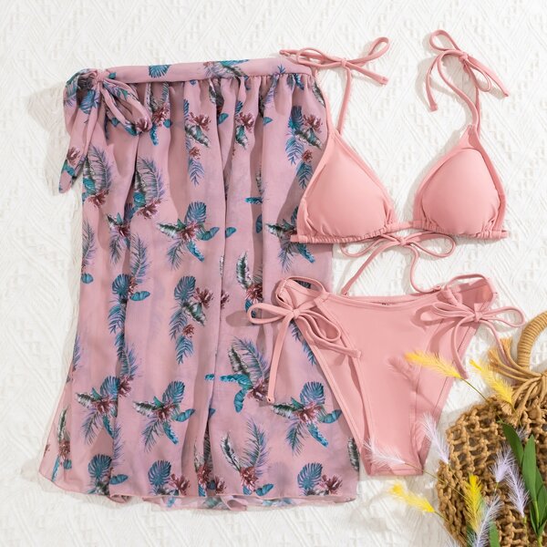 

3pack Tie Shoulder Bikini Swimsuit & Tropical Beach Skirt, Dusty pink