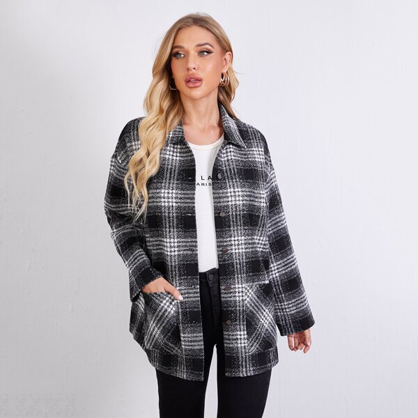 

Button Front Patch Pocket Plaid Coat, Black and white