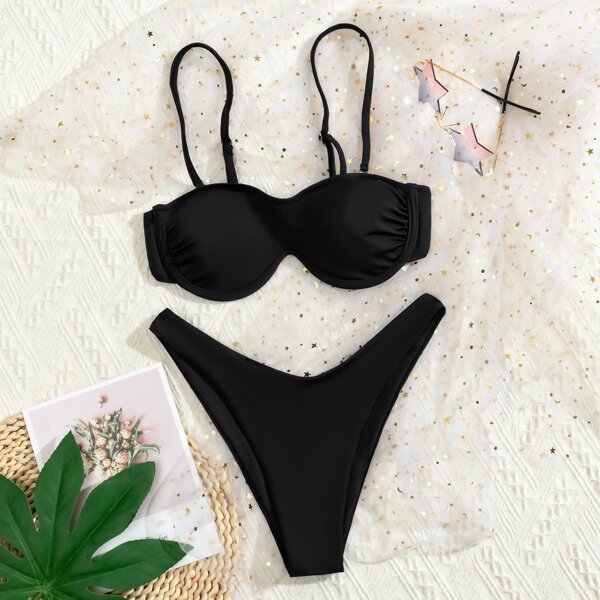 

Solid Underwire Bikini Swimsuit, Black