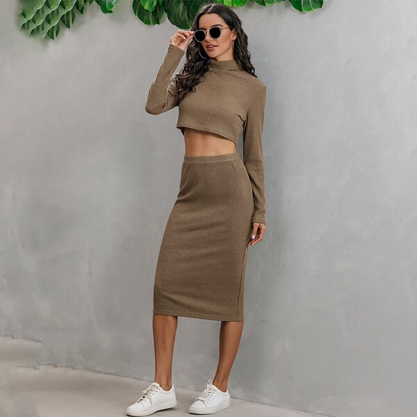 

Mock Neck Crop Tee & Pencil Skirt, Chocolate brown