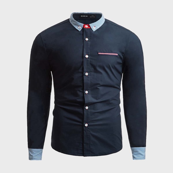 

Men Striped Collar & Cuff Tape Detail Shirt, Navy blue