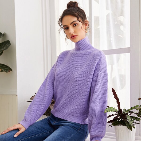 

Drop Shoulder High Neck Sweater, Violet purple