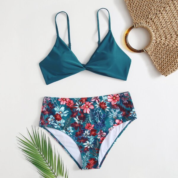 

Plus Floral Twist Front Bikini Swimsuit, Multicolor