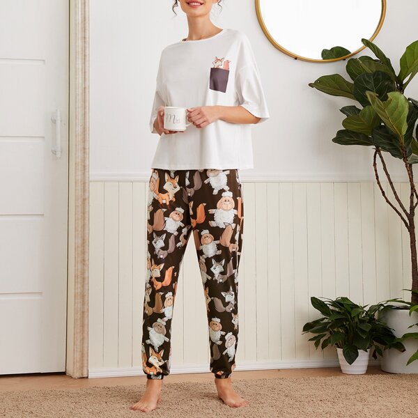 

Drop Shoulder Fox Print Tee & Cartoon Graphic Pants PJ Set, Multicolor