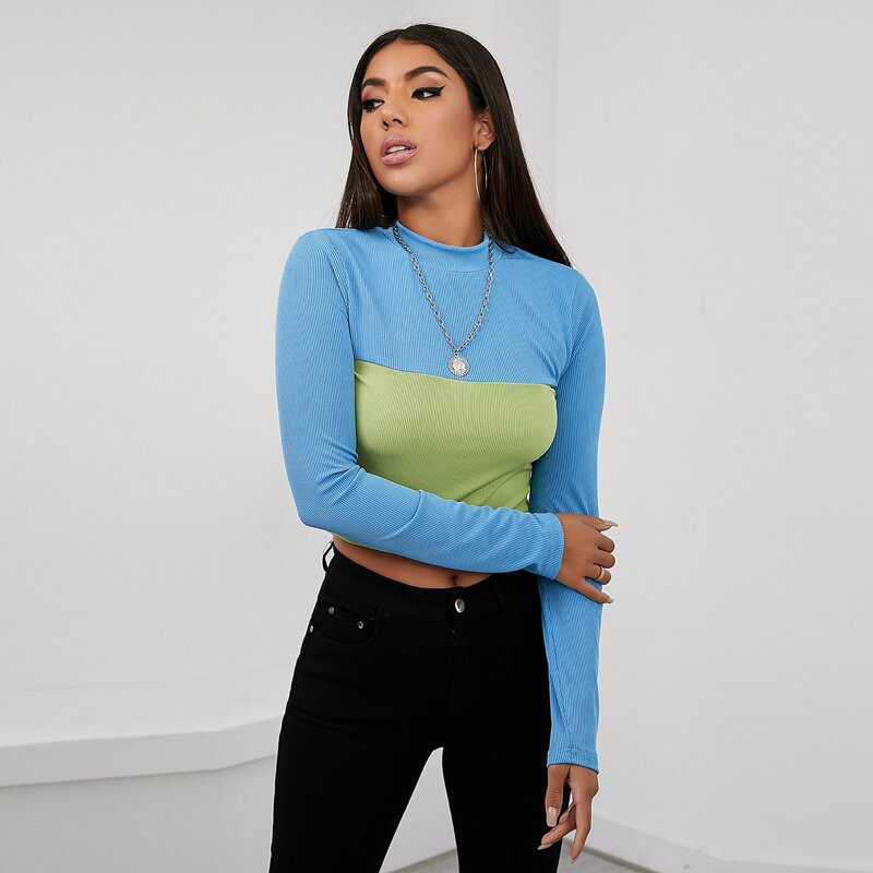 

Mock Neck Rib-knit Colorblock Tee, Multicolor