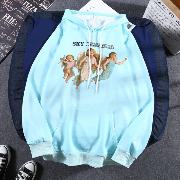 

Men Angel And Letter Graphic Hoodie, Baby blue