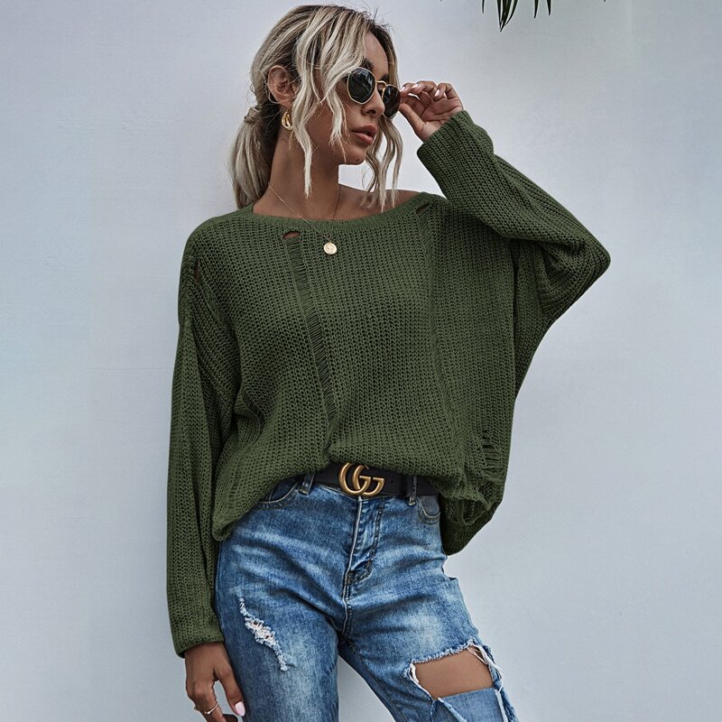 

Drop Shoulder Ripped Oversized Sweater, Army green