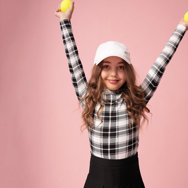 

Girls Mock-Neck Plaid Top, Black and white