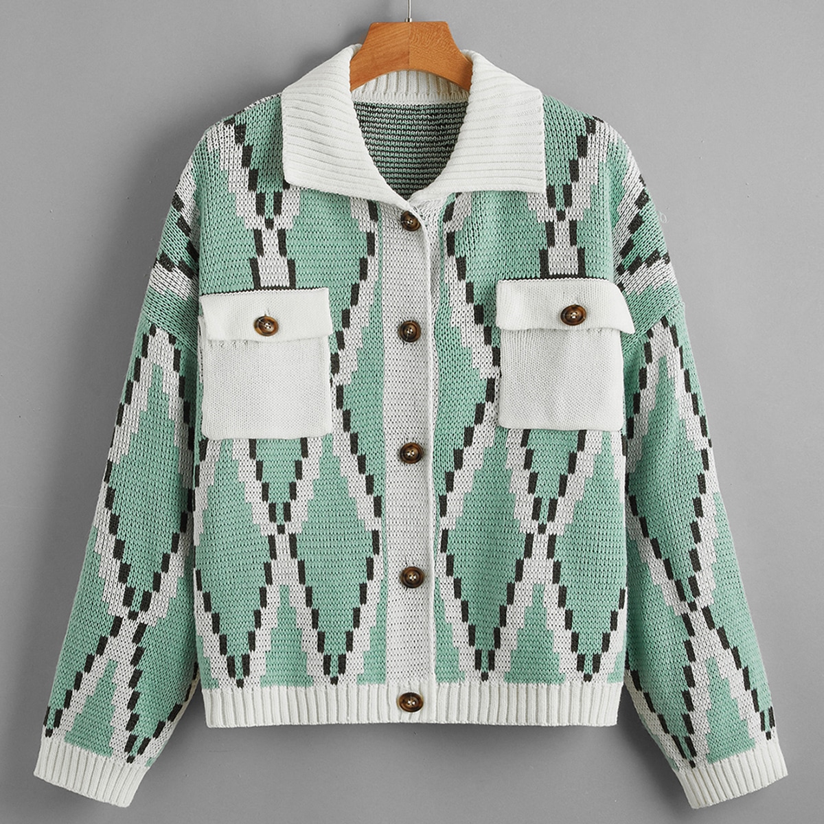 Image of Argyle Pattern Flap Pockets Drop Shoulder Cardigan