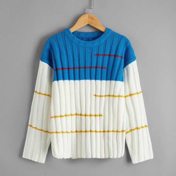 

Boys Drop Shoulder Colorblock Ribbed Knit Sweater, Blue and white