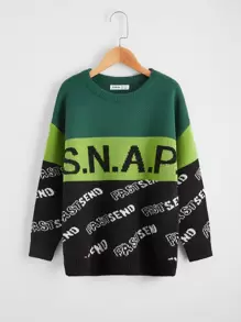 SHEIN Boys Drop Shoulder Letter Pattern Colourblock Jumper - Multicolor - View 1