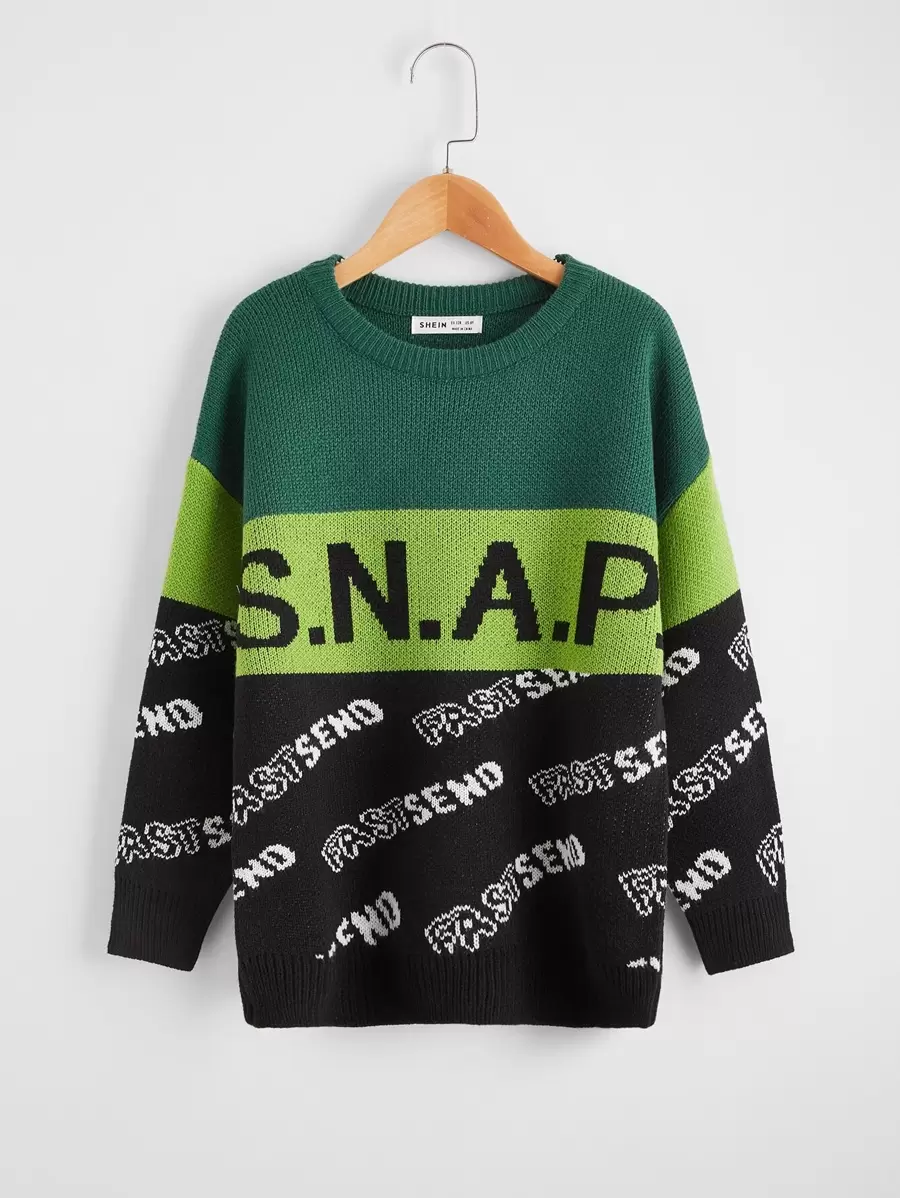 SHEIN Boys Drop Shoulder Letter Pattern Colourblock Jumper - Multicolor - View 1