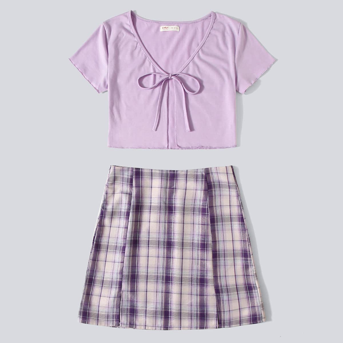 

Tie Front Crop Top & Plaid Skirt, Purple