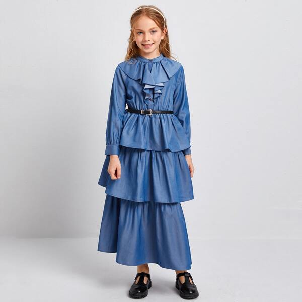 

Girls Jabot Collar Layered Ruffle Hem Shirt Dress Without Belt, Blue