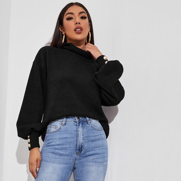 

Cowl Neck Drop Shoulder Lantern Sleeve Tee, Black