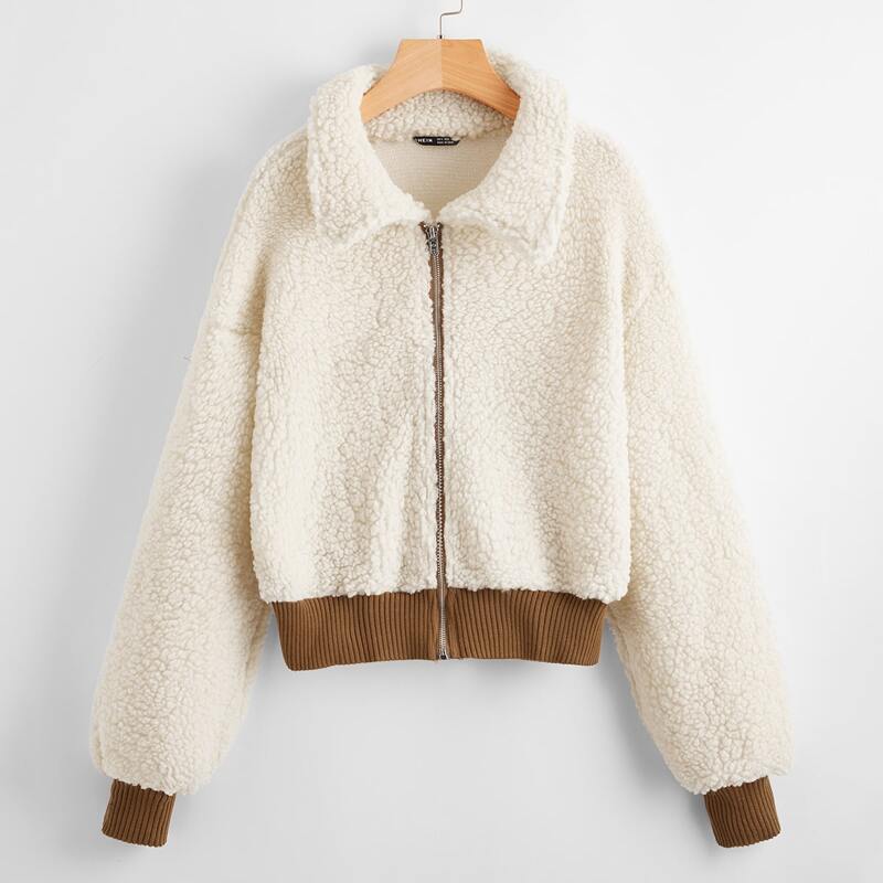 

Lantern Sleeve Zip Up Teddy Jacket, Apricot