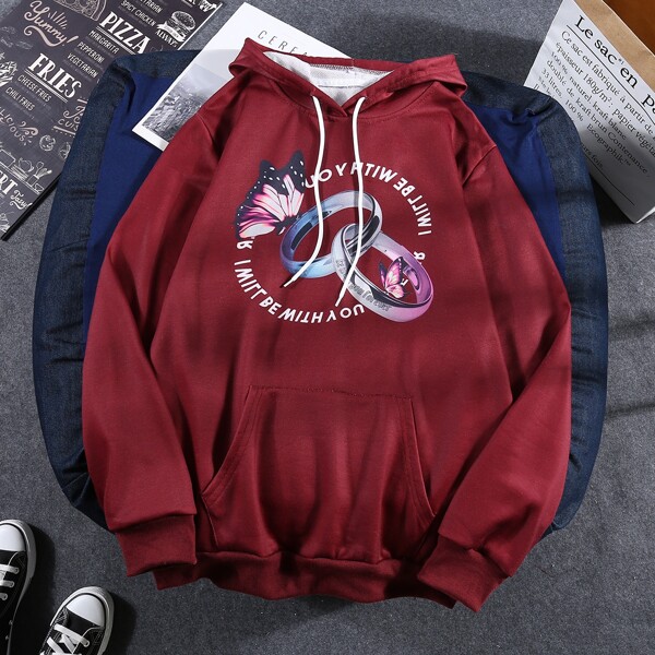 

Men Butterfly & Slogan Graphic Hoodie, Burgundy