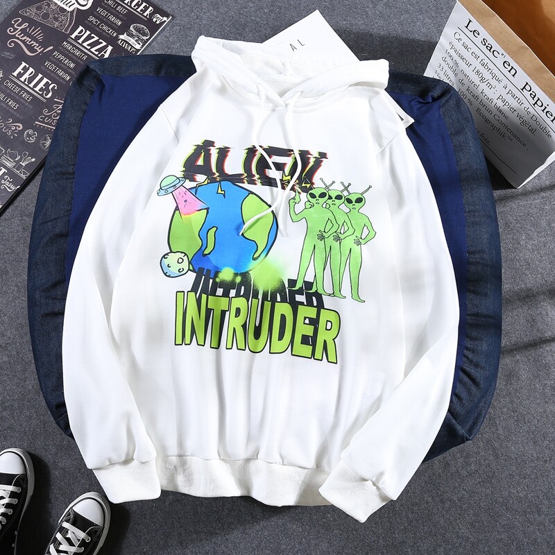 

Guys Cartoon Alien & Letter Graphic Hoodie, White