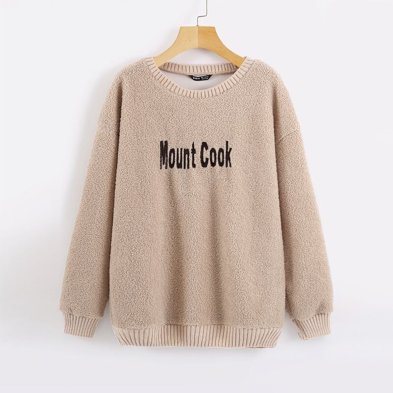 

Letter Embroidery Drop Shoulder Teddy Sweatshirt, Apricot