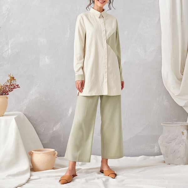 

Contrast Striped Tunic Blouse With Pants, Multicolor