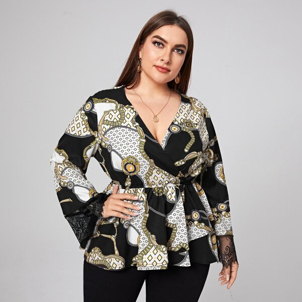 

Plus Surplice Neck Lace Cuff Scarf Print Peplum Top, Multicolor